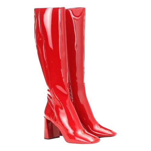 Pre-owned Prada Monolith Patent Leather Riding Boots In Red
