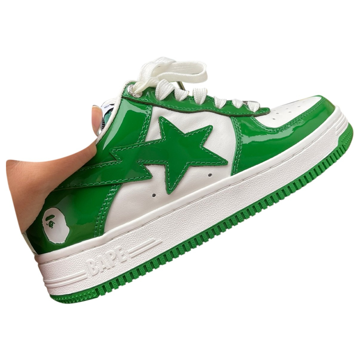 Pre-owned A Bathing Ape Bapesta Patent Leather Trainers In Green