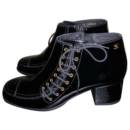 Pre-owned Chanel Patent Leather Ankle Boots In Black