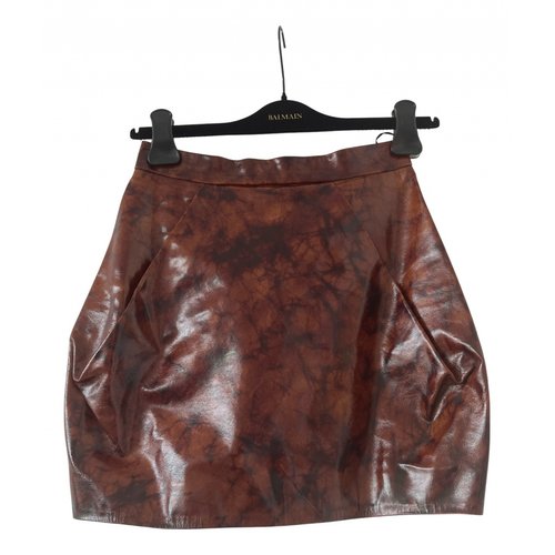 Pre-owned Balmain Leather Mini Skirt In Brown