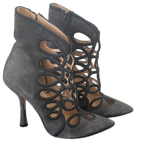Pre-owned Oscar De La Renta Leather Ankle Boots In Anthracite