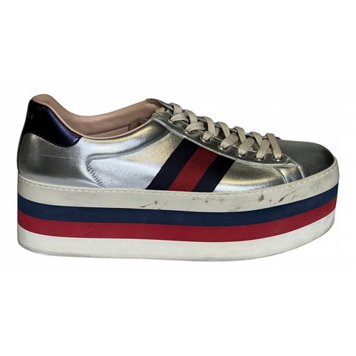 Pre-owned Gucci Ace Leather Low Trainers In Silver