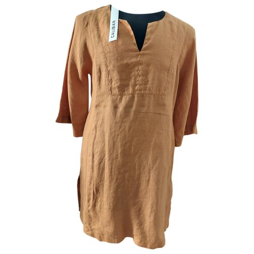 Pre-owned Caliban Linen Mid-length Dress In Brown