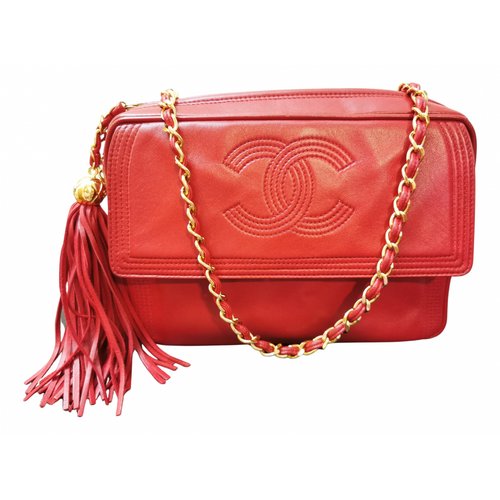 Pre-owned Chanel Vintage Cc Chain Leather Tote In Red