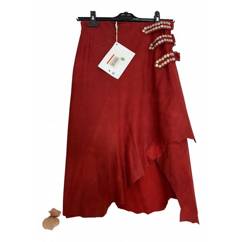Pre-owned Balmain Leather Mid-length Skirt In Red