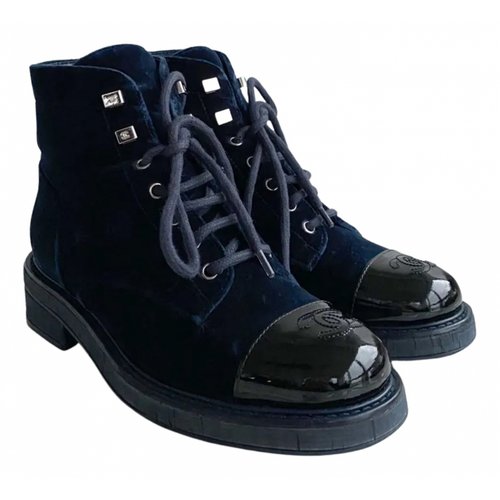 Pre-owned Chanel Velvet Ankle Boots In Blue