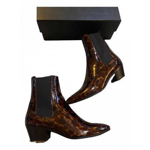 Pre-owned Saint Laurent Patent Leather Ankle Boots In Brown