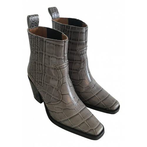 Pre-owned Ganni Leather Ankle Boots In Grey