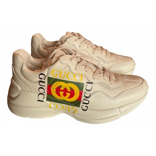 Pre-owned Gucci Leather Trainers In Ecru