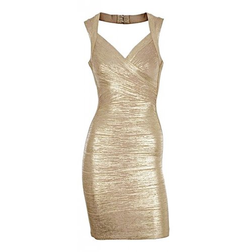 Pre-owned Herve Leger Mini Dress In Gold