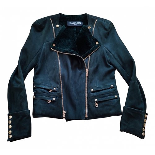 Pre-owned Balmain Leather Jacket In Green