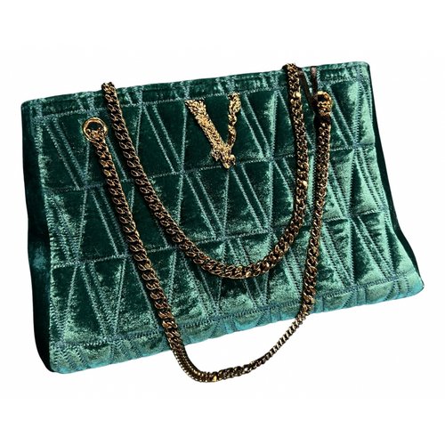 Pre-owned Versace Virtus Velvet Handbag In Green